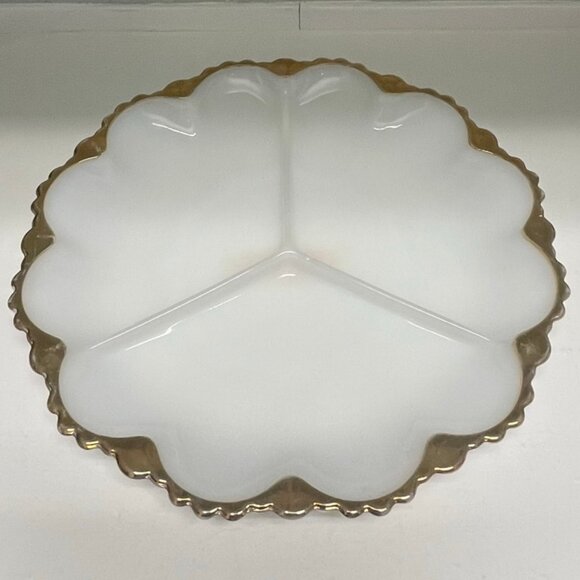 VINTAGE Anchor Hocking Milk Glass & Gold Trimmed Divided Serving Dish/Platter - Picture 1 of 11